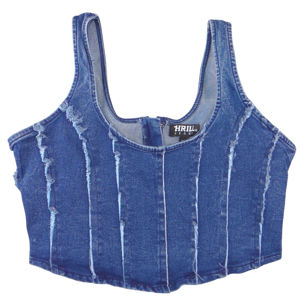 Thrill‎ Jeans Blue Denim Corset Crop Top Frayed Seams Back Zip XL